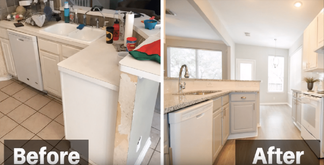 Before and After picture of the kitchen